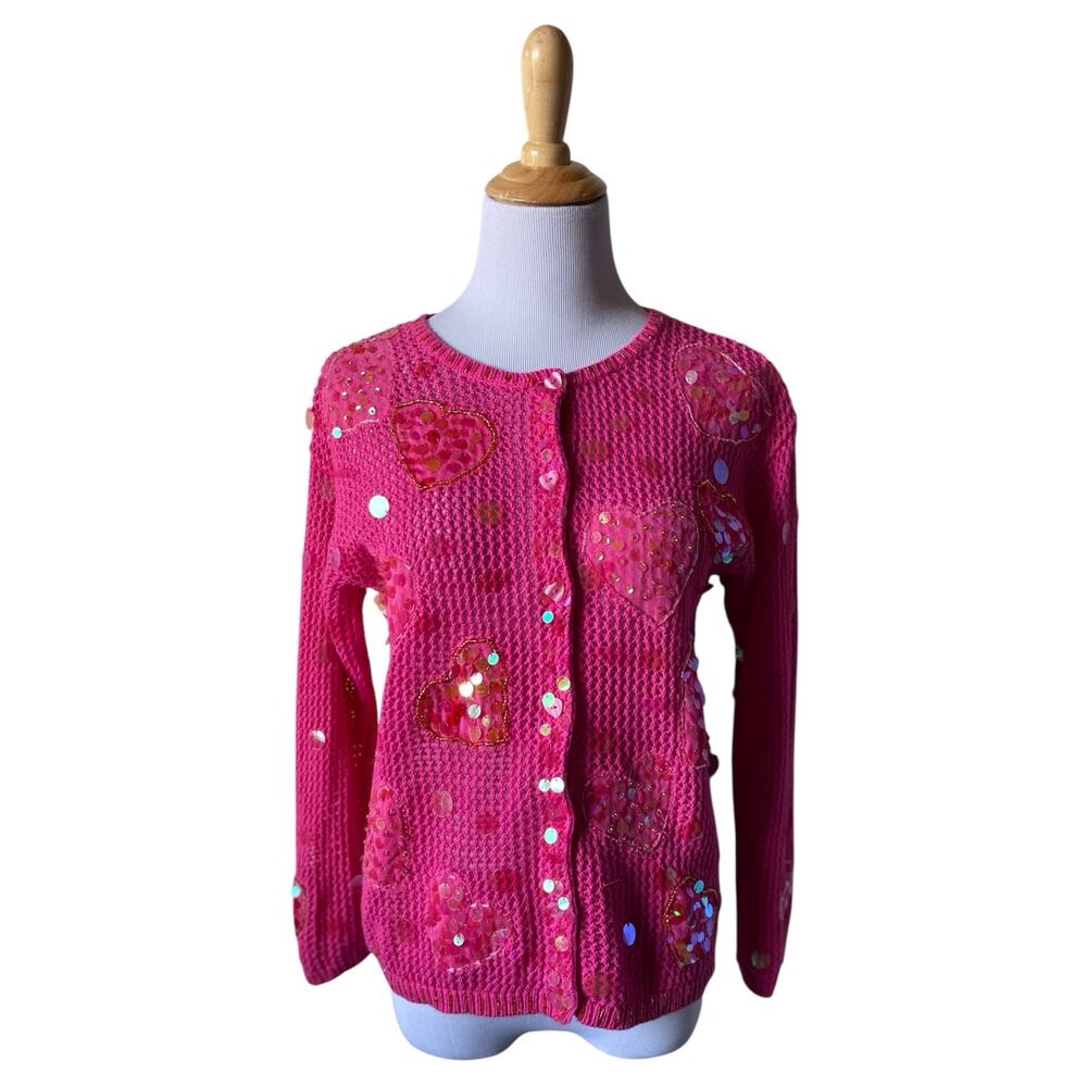 Jack B Quick Hot Pink Crochet Knit Sequin & Bead Valentine's Day Heart Cardigan